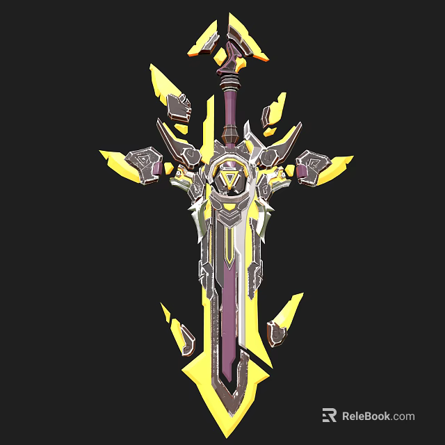 Fantasy Sword With Yellow Purple Accents Intricate Design Spiked Details And Ornate Hilt 3d model 