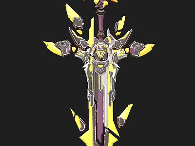 Fantasy Sword With Yellow Purple Accents Intricate Design Spiked Details And Ornate Hilt 3d model