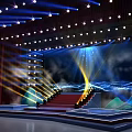 Professional Stage Setup With Bright Lights Red Carpeted Staircase And Digital Mountain Patterns 3d model