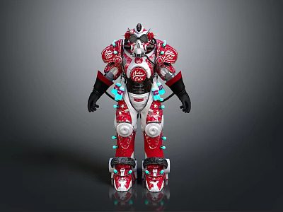 Red And White Robot Armor With Mechanical Joints And Glowing Blue Accents 3d model