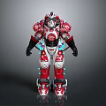 Red And White Robot Armor With Mechanical Joints And Glowing Blue Accents