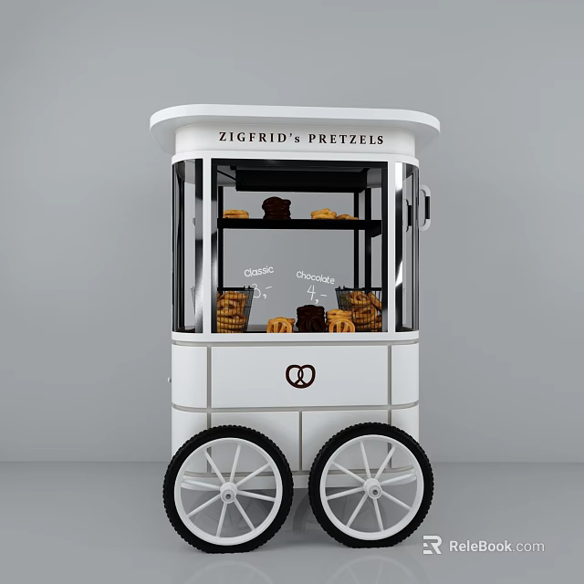 Zigfrid's Pretzels Mobile Dessert Cart With Freshly Baked Pretzels On Display Shelves 3d model 
