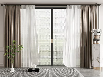 Brown Curtains With White Sheer Panels For Floor To Ceiling Window In Modern Living Room Interior 3d model