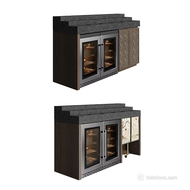 Modern Wooden Sideboard With Black Countertop Glass Doors And Storage Compartments Design 3d model 