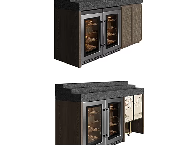 Modern Wooden Sideboard With Black Countertop Glass Doors And Storage Compartments Design 3d model