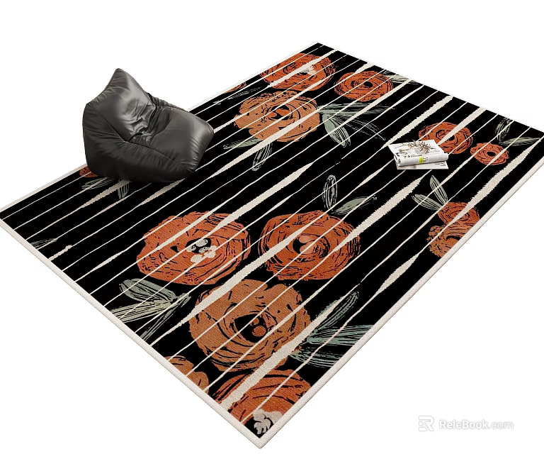 Square Area Carpet With Orange Flower Patterns Black Background And Decorative Design 3d model