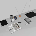 Modern Home Office Desk Setup With Tablet Laptop Smart Speaker Magazine Books Pen Glass