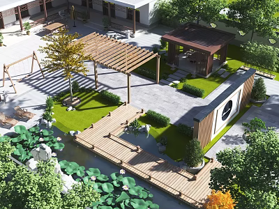 Elegant Courtyard Garden Design With Wooden Pergola Gazebo And Water Feature 3d model
