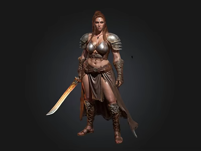 Fantasy Female Warrior 3D Character With Detailed Armor And Large Sword Design 3d model