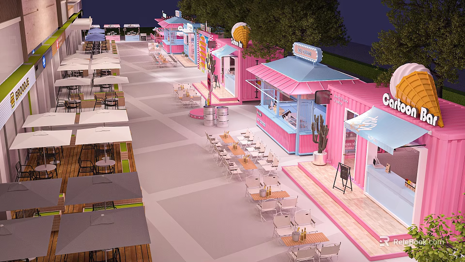 Vibrant Outdoor Dining Street With Pink Blue Shops Awnings And Cactus Decorations 3d model 