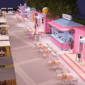 Vibrant Outdoor Dining Street With Pink Blue Shops Awnings And Cactus Decorations