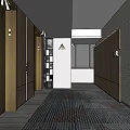Modern Elevator Hallway Interior With Wooden Doors Patterned Carpet And Lighting 3d model