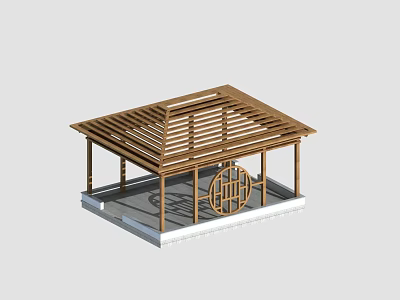 Traditional Wooden Garden Pavilion With Lattice Roof And Circular Openwork Design 3d model