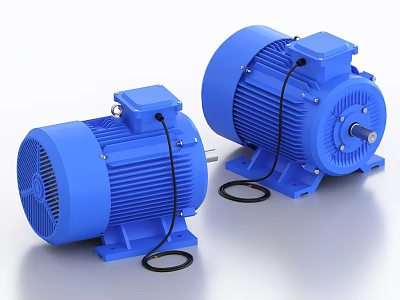 Two Blue Industrial Electric Motors With Stable Base And Connecting Wires 3d model