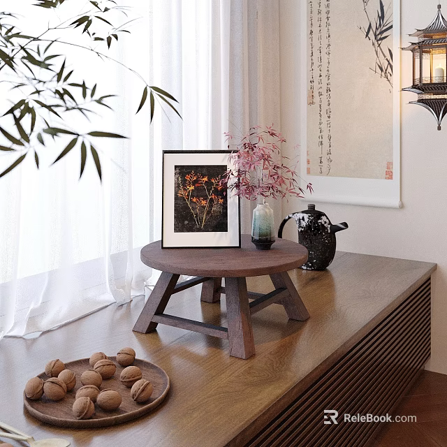 Elegant Traditional Decorative Ornament Set With Bamboo Painting Vase Black Teapot And Wooden Table 3d model 