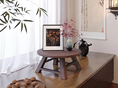 Elegant Traditional Decorative Ornament Set With Bamboo Painting Vase Black Teapot And Wooden Table 3d model