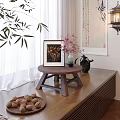 Elegant Traditional Decorative Ornament Set With Bamboo Painting Vase Black Teapot And Wooden Table