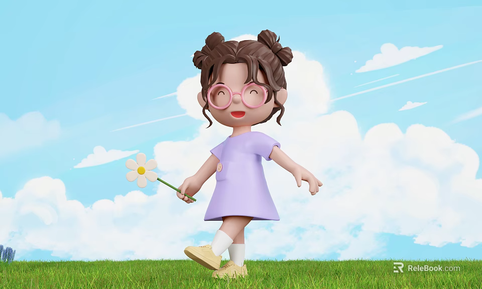 Little Girl in Purple Dress Holding Daisy on Green Grass under Blue Sky White Clouds 3d model 