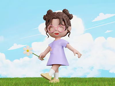 Little Girl in Purple Dress Holding Daisy on Green Grass under Blue Sky White Clouds 3d model
