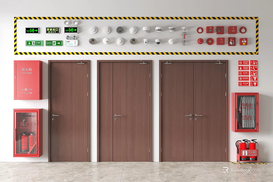 Wall Mounted Fire Safety Equipment With Wooden Emergency Doors And Detectors 3d model 