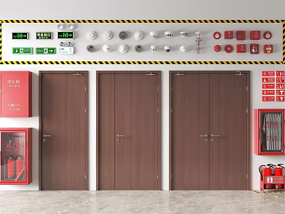 Wall Mounted Fire Safety Equipment With Wooden Emergency Doors And Detectors 3d model