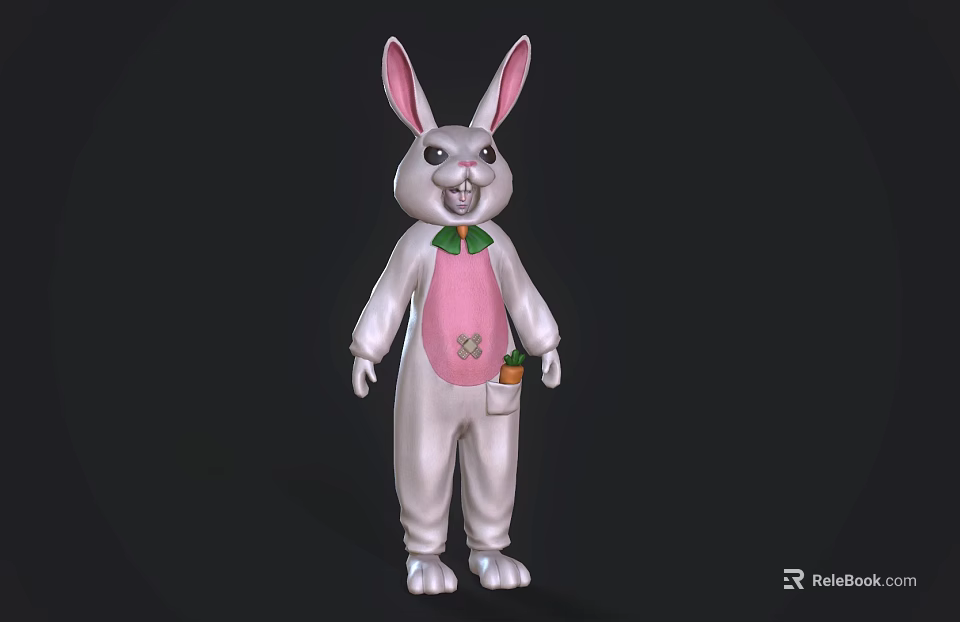 3D White Rabbit Game Movie Character With Pink Overalls Green Bow Tie And Carrot Pocket 3d model 