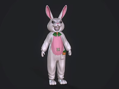 3D White Rabbit Game Movie Character With Pink Overalls Green Bow Tie And Carrot Pocket 3d model