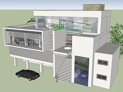 Modern Single Family Villa Exterior With Large Glass Windows Staircase Garage And Green Plants 3d model