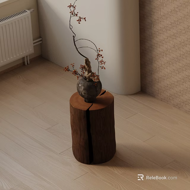 Natural Wood Tree Stump Shaped Side Table with Vase Holding Branches and Red Flowers 3d model 