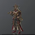 Mythical Warrior Character in Ornate Gold Red Armor with Horned Helmet and Sword