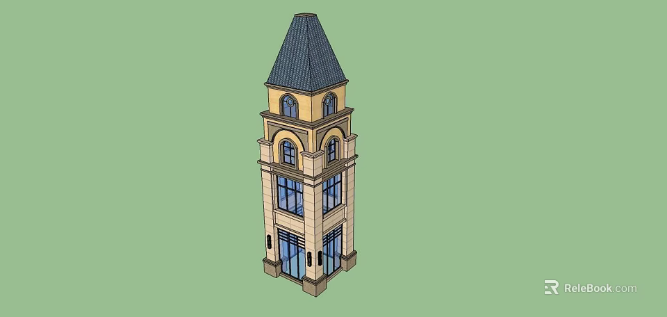 Yellow Brown Tower With Pointed Roof Arched Windows And Ground Floor Entrance 3d model 