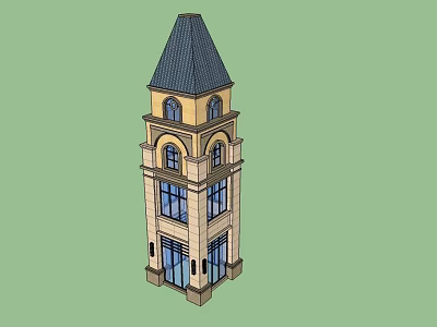 Yellow Brown Tower With Pointed Roof Arched Windows And Ground Floor Entrance 3d model
