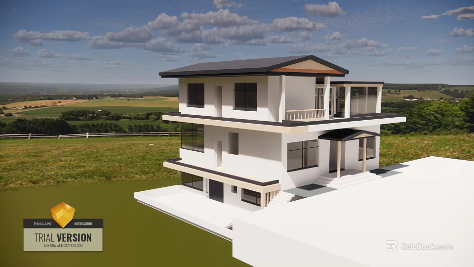 Modern Two Story Detached Villa Featuring White Exterior Black Roof Green Lawn And Scenic View 3d model 