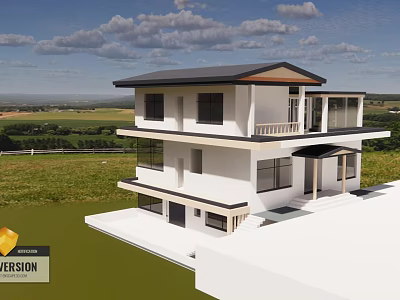 Modern Two Story Detached Villa Featuring White Exterior Black Roof Green Lawn And Scenic View 3d model