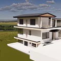 Modern Two Story Detached Villa Featuring White Exterior Black Roof Green Lawn And Scenic View