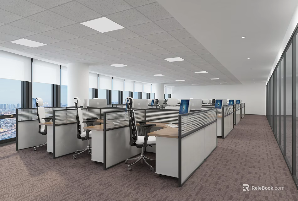 Modern Public Office Space With Cubicles Computers Office Chairs Large Windows And Ceiling Lights 3d model 