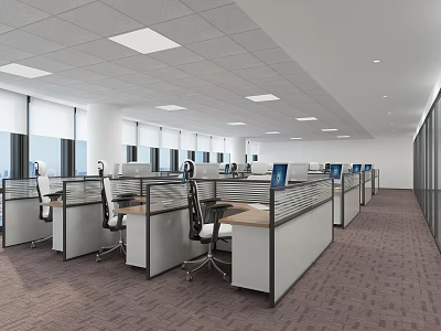 Modern Public Office Space With Cubicles Computers Office Chairs Large Windows And Ceiling Lights 3d model
