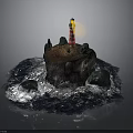 Red White Striped Lighthouse On Small Rocky Island With Blue Ocean Waves And Trees