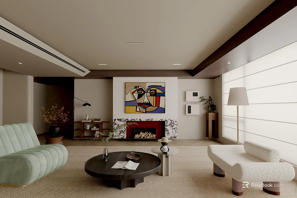 Modern Cozy Living Room Interior Design With Stylish Furnishings Fireplace And Creative Abstract Wall Art 3d model 