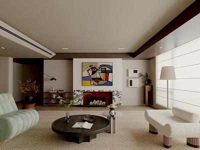 Modern Cozy Living Room Interior Design With Stylish Furnishings Fireplace And Creative Abstract Wall Art 3d model