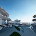 Modern Commercial Complex With Unique Architectural Shapes Blue Roofs Green Spaces And Water Features