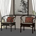 Chinese Style Wooden Frame Armchairs With Light Colored Cushion And Patterned Decorative Pillow