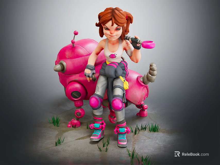 Red Haired Girl Sitting On Pink Robot Creature With Mechanical Details And Green Grass 3d model 