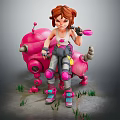 Red Haired Girl Sitting On Pink Robot Creature With Mechanical Details And Green Grass