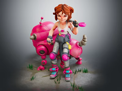 Red Haired Girl Sitting On Pink Robot Creature With Mechanical Details And Green Grass 3d model