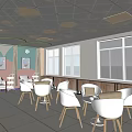 Bright Lounge Area Interior With White Chairs Gray Sofa Large Windows And Wall Art