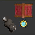 Cute Grey Puppy Toy With Wooden Dog House Red Roof Yellow Bowl And Blue Water