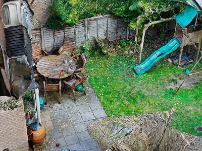 Outdoor Garden Landscape With Wooden Table Chairs Green Slide And Lush Grass 3d model