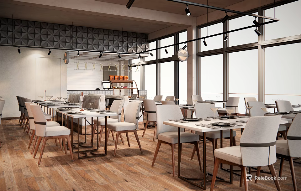 Modern Restaurant Interior With Spacious Open Layout Wooden Tables White Chairs And Pendant Lights 3d model 