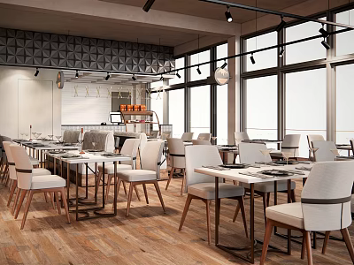 Modern Restaurant Interior With Spacious Open Layout Wooden Tables White Chairs And Pendant Lights 3d model